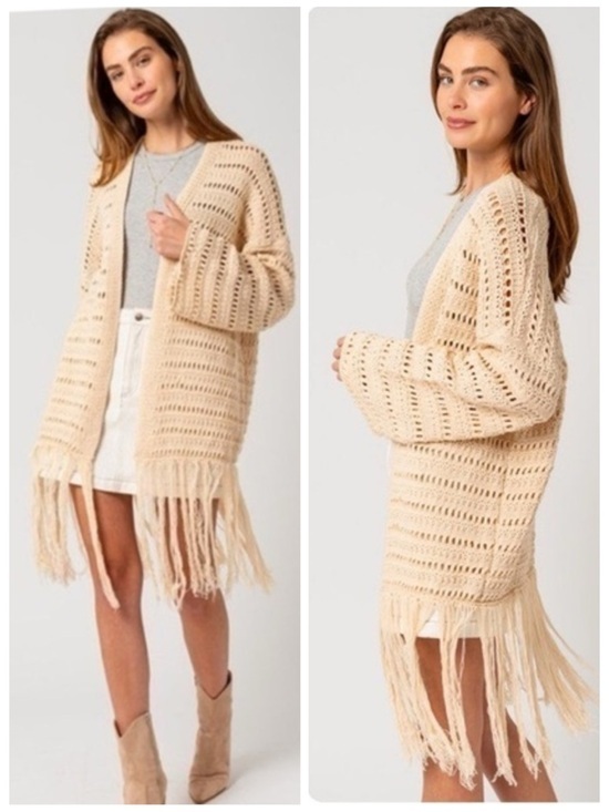 Gilli Sweaters - Crochet Knit Fringe Cardigan Boho Dreams by Gilli Natural Beige Size Medium